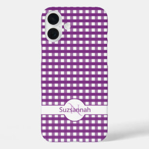 Paarse Gingham geruit Monogram Op maat gemaakte Ca iPhone 16 Plus Hoesje