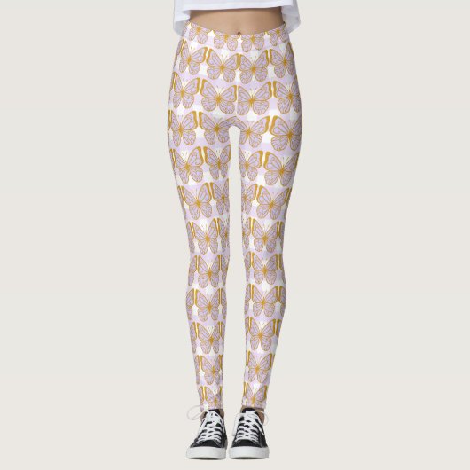 Paarse Gingham Gold Butterfly Designer Leggings (Voorkant)