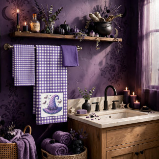 Paarse Gingham Halloween Heksenhoed & Vleermuizen Bad Handdoek