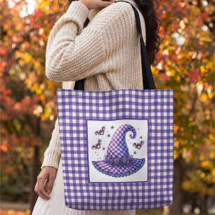 Paarse Gingham Halloween Heksenhoed & Vleermuizen Draagtas
