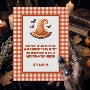 Paarse Gingham Halloween Heksenhoed & Vleermuizen  Feestdagenkaart