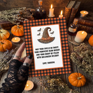 Paarse Gingham Halloween Heksenhoed & Vleermuizen Feestdagenkaart