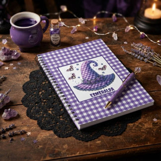 Paarse Gingham Halloween Heksenhoed & Vleermuizen Notitieboek