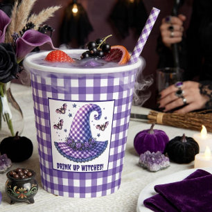 Paarse Gingham Halloween Heksenhoed & Vleermuizen Papieren Bekers