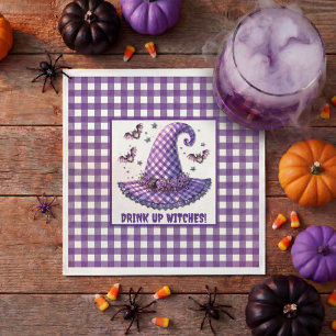 Paarse Gingham Halloween Heksenhoed & Vleermuizen Servet