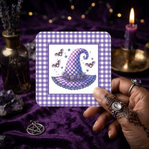 Paarse Gingham Halloween Heksenhoed & Vleermuizen Vierkante Sticker