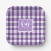 Paarse Gingham Monogram Crest Custom Papieren Bordje (Voorkant)