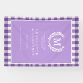 Paarse Gingham Monogram Crest Wedding Welkom Spandoek (Horizontaal)