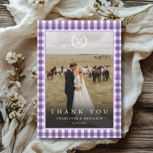 Paarse Gingham Monogram Wapenschild 2 Foto Bedankkaart