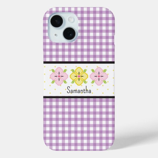 Paarse Gingham Plaid Floral Monogram Case-Mate iPhone Case (Achterkant)