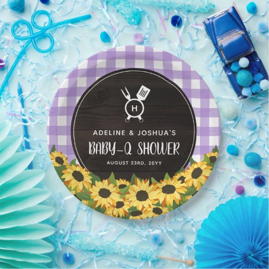 Paarse Gingham & Zonnebloemen Rustieke Baby-Q Douc Papieren Bordje (Feest)
