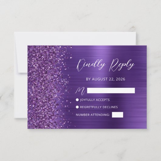 Paarse Glam Glitter Script Bruiloft RSVP Kaart (Voorkant)
