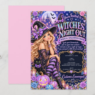 Paarse Glam Heksen Uitstapje Magische Halloween Kaart