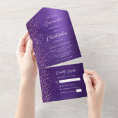 Paarse Glam Metallic Moderne Script Trouwfeest All In One Uitnodiging (Afscheurbaar)
