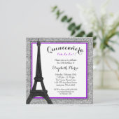 Paarse Glam Paris Faux Silver Glitter Quinceanera Kaart (Staand voorkant)