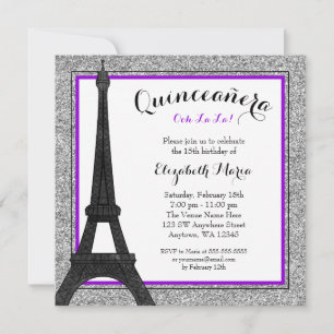 Paarse Glam Paris Faux Silver Glitter Quinceanera Kaart