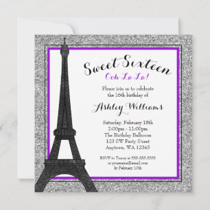 Paarse Glam Paris thema Faux Glitter Sweet 16 Kaart