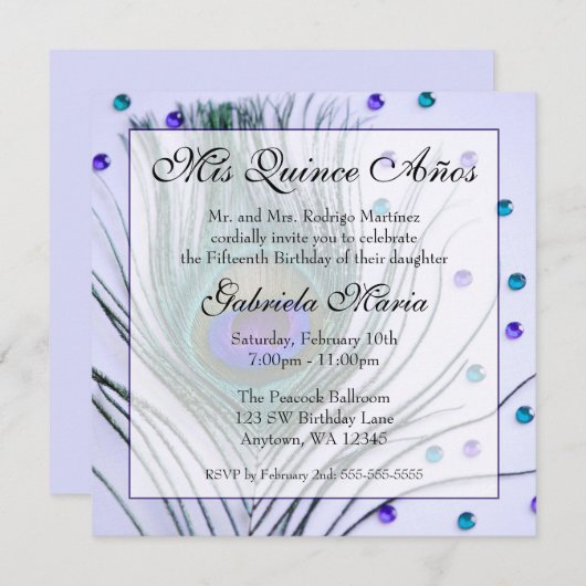 Paarse Glam Peacock Feather Quinceanera Birthday Kaart (Voorkant / Achterkant)