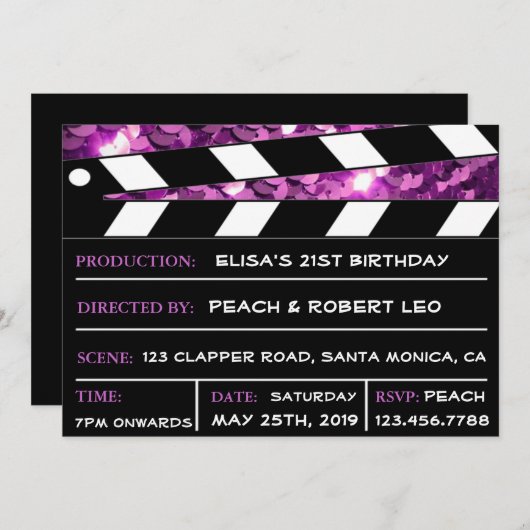 Paarse Glamor Clapper Board Kaart (Voorkant / Achterkant)