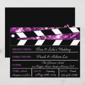Paarse Glamor Clapper Board Wedding Invite Kaart (Voorkant / Achterkant)