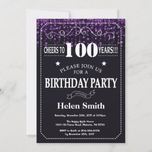 Paarse Glitter 100ste verjaardagsuitnodiging Kaart