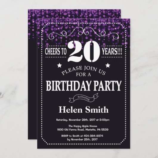 Paarse Glitter 20ste Verjaardag Uitnodiging (Voorkant / Achterkant)