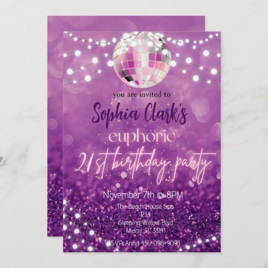 Paarse Glitter 21st Birthday Euphoria Uitnodiging (Voorkant / Achterkant)