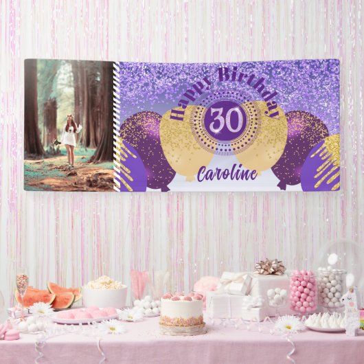 Paarse Glitter 30e Verjaardag & Ballonnen Spandoek (Feest)