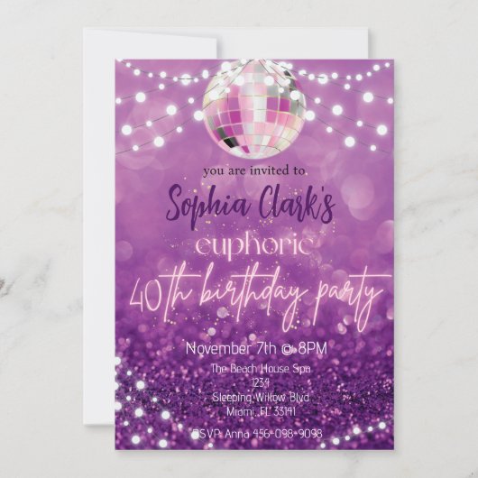 Paarse Glitter 40th Birthday Euphoria Uitnodiging (Voorkant)