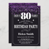 Paarse Glitter 80ste Verjaardag Uitnodiging (Voorkant / Achterkant)