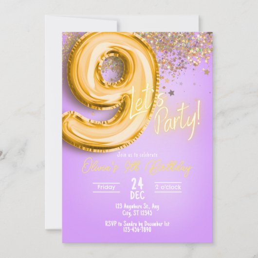 Paarse Glitter 9e Verjaardagsuitnodiging Kaart (Voorkant)