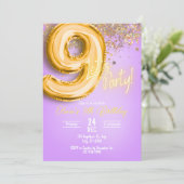 Paarse Glitter 9e Verjaardagsuitnodiging Kaart (Staand voorkant)