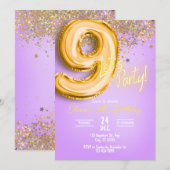 Paarse Glitter 9e Verjaardagsuitnodiging Kaart (Voorkant / Achterkant)