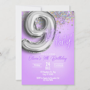 Paarse Glitter 9e Verjaardagsuitnodiging Kaart