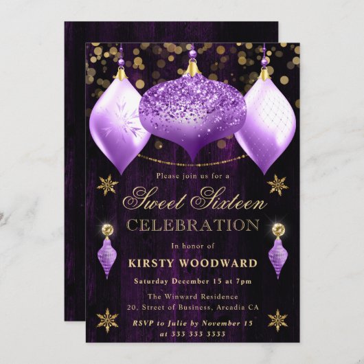 Paarse Glitter Baubles Christmas Sweet 16 Kaart (Voorkant / Achterkant)