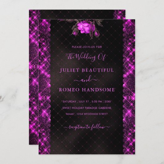 Paarse Glitter Black Wedding Invitation Sjabloon (Voorkant / Achterkant)