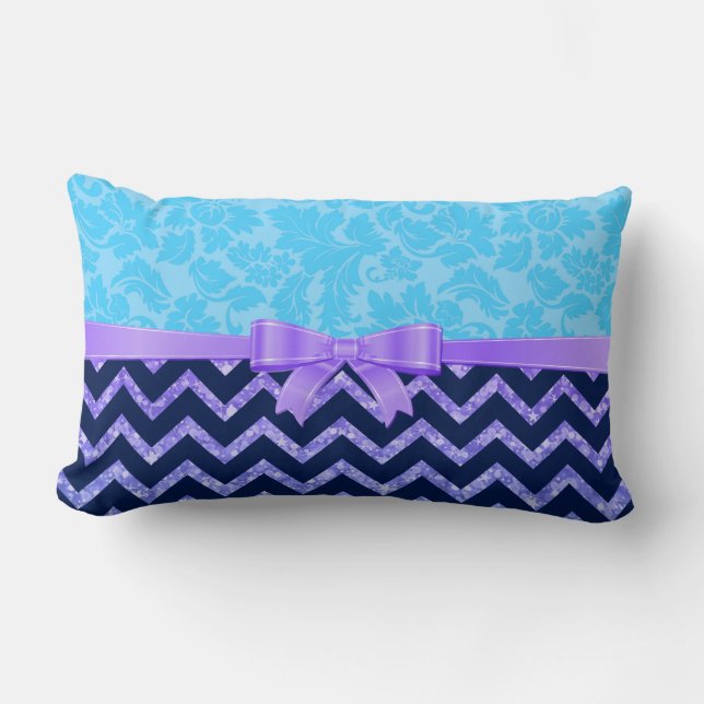 Paarse Glitter Blue Chevron Blue Damasks Kussen (Voorkant)