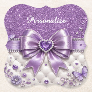 Paarse Glitter Boog Hart Gepersonaliseerd Glam Des Kartonnen Onderzetters