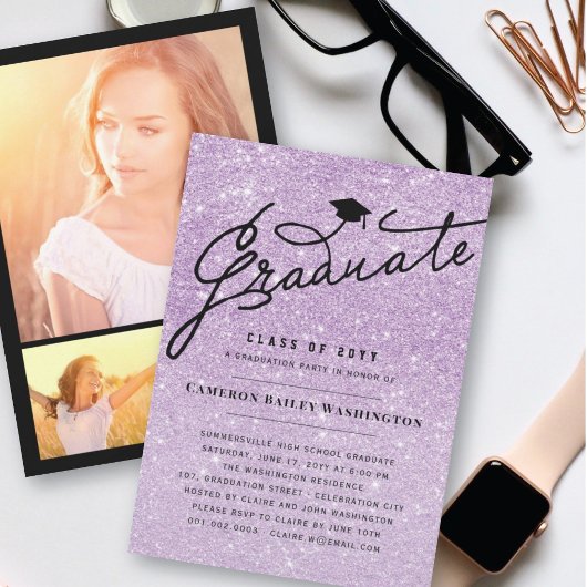 Paarse Glitter Chic Afstuderen Graduation Cap Part Kaart