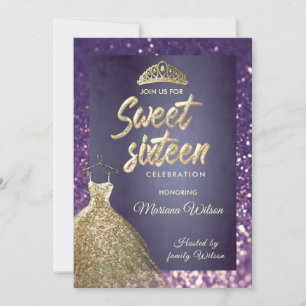 Paarse glitter chic Gold dress tiara Sweet 16 Kaart