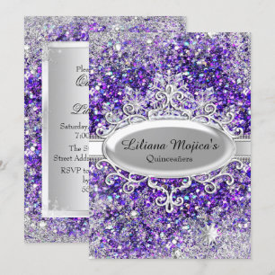 Paarse Glitter Crystal Snowflake Quinceanera Kaart