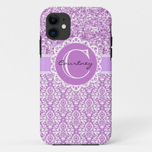Paarse glitter & Damask met naam en Initiaal Hoesj Case-Mate iPhone Case (Achterkant)