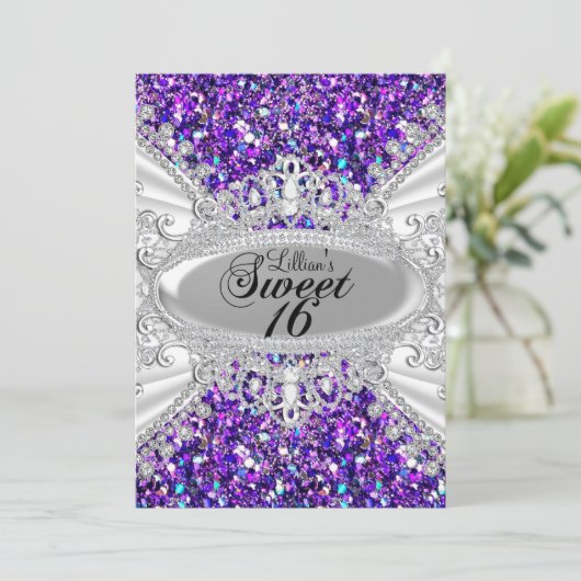 Paarse Glitter Diamond Tiara Sweet 16 Invite Kaart (Staand voorkant)