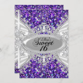 Paarse Glitter Diamond Tiara Sweet 16 Invite Kaart (Voorkant / Achterkant)