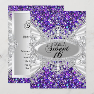 Paarse Glitter Diamond Tiara Sweet 16 Invite Kaart