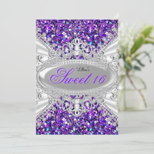 Paarse Glitter & Diamond Tiara Sweet 16 Kaart (Staand voorkant)