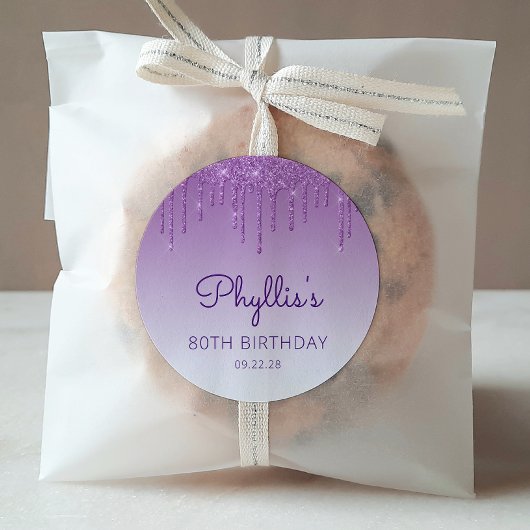 Paarse glitter Drip 80th Birthday Ronde Sticker