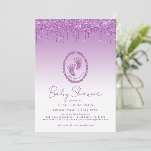 Paarse Glitter Drip Baby shower Uitnodiging (Staand voorkant)