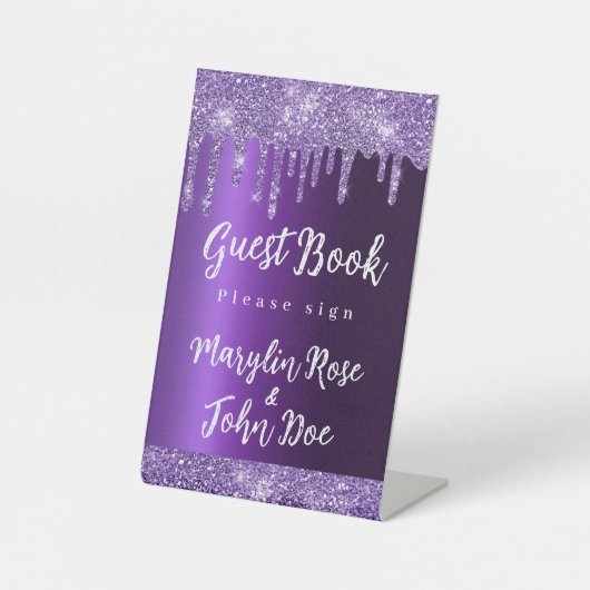 PAARSE GLITTER DRIP ELEGANT WEDING RECLAMEBORD MET VOETSTUK (Voorkant)