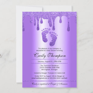 Paarse Glitter Drip Luxury Baby Feet Shower Invita Kaart
